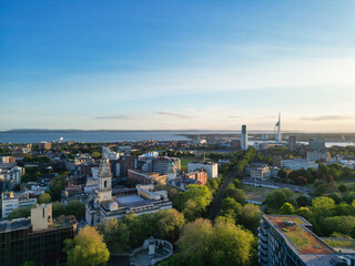 Obraz premium High Angle View of Portsmouth City Centre Located at Beach and Docks of England United Kingdom. Image Was Captured with Drone's Camera on May 15th, 2024.
