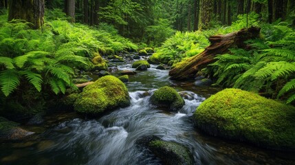 Fototapeta premium A Moss-Covered Stream Winding Through a Lush Forest