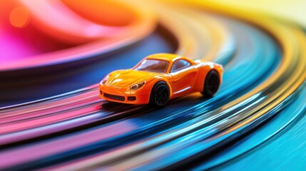 A vibrant toy car speeding along a track.