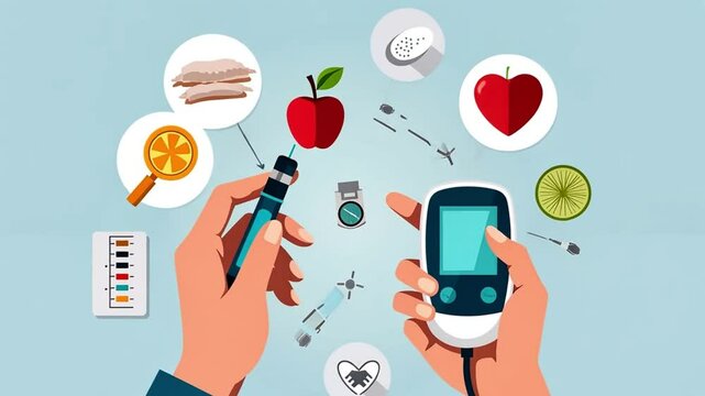 A graphic representation of diabetes management, featuring an individual using a glucose meter and insulin pen, along with visual elements like a sugar level chart and food choices.