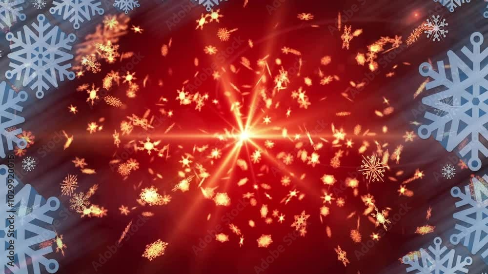 Poster snowflakes and glowing particles animation over red background with light burst
