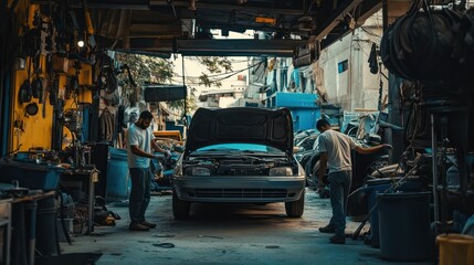 Fototapeta premium Mechanic from Qatar Work together to repair complex cars. Exhibiting the role of teamwork in the automotive repair industry
