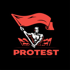 Protest man. People protest with a flag and a fist