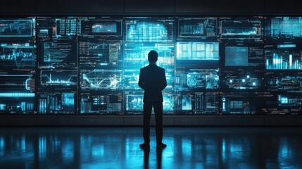 Businessman Analyzing Data on Large Digital Display