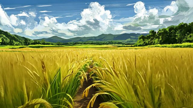 A path through a field of golden wheat with a backdrop of rolling hills and a blue sky dotted with fluffy clouds