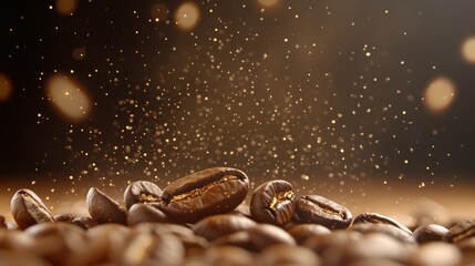 Roasted Coffee Beans with Golden Dust and Bokeh Lights