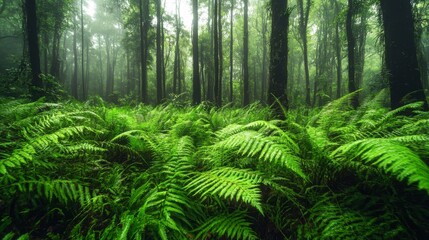Fototapeta premium Lush Green Ferns in a Mist-Filled Forest
