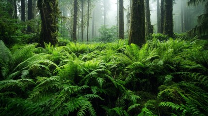 Lush Green Ferns and Moss-Covered Trees in a Foggy Forest