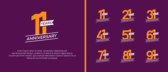 set of anniversary logo flat orange color on purple background for celebration moment