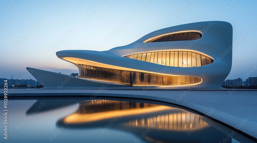 Poster modern architecture building with a curved facade and reflective pool in front.