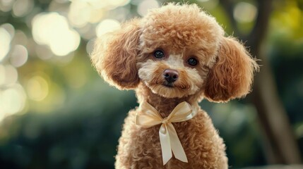 A fluffy toy poodle with a ribbon around its neck.