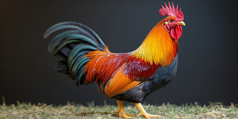Fototapeta premium Colorful rooster posing on grass, side view against dark background