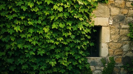 A Wall Covered in Lush Green Ivy with a Small Window