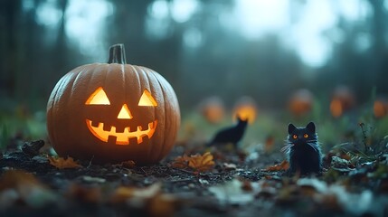 Haunting Halloween scene featuring ghostly figures skeletons black cats bats and spooky decor in a cybernetic inspired triadic color scheme