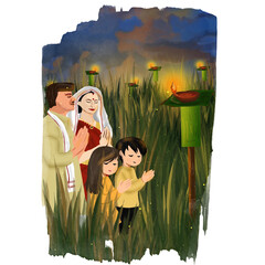 Happy kongali bihu or kati bihu Festival design template. Illustration of a praying family ,Assamese third bihu,Diya Under Tulsi Plant in the evening is a ritual related to this Kati Bihu Festival 