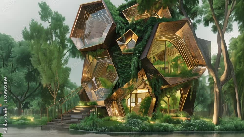 Poster a futuristic modular structure with geometric shapes blends seamlessly into a lush forest landscape,