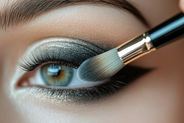 Naklejka premium Close-up of a woman's eye with glitter eyeshadow and a makeup brush