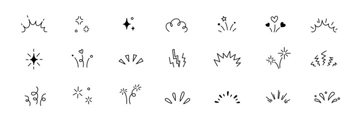 Line confetti exclamation icon elements. Hand drawn confetti explosion burst ray shine line icon illustration. Spark exclamation emphasis ray twinkle starburst decoration. Vector illustration.
