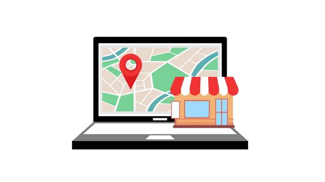 4K video Map Footage with Store, Map, Laptop on White Screen Background. 4k video animated Laptop with GPS Service App Animation