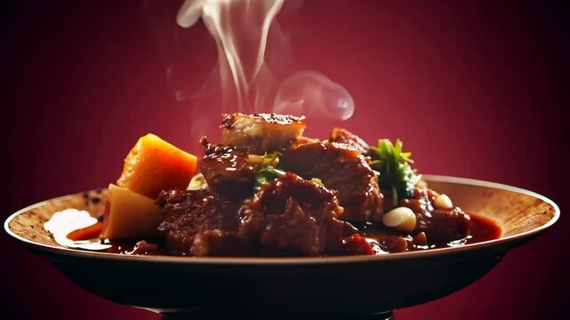 360-degree video of beef bourguignon with side lighting, establishing scene, side view, camera films rotation, deep burgundy background