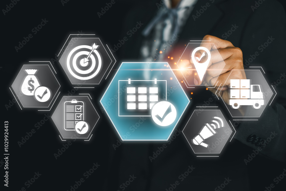 Poster innovative digital interface showcasing event management tools and icons for efficient planning and 