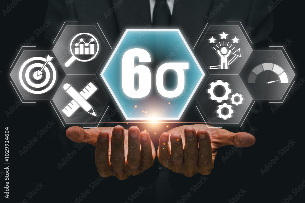 Poster visual representation of six sigma methodology, highlighting quality control and efficiency in busin