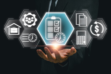 Futuristic digital timesheet interface with business icons, highlighting efficient time management and productivity.