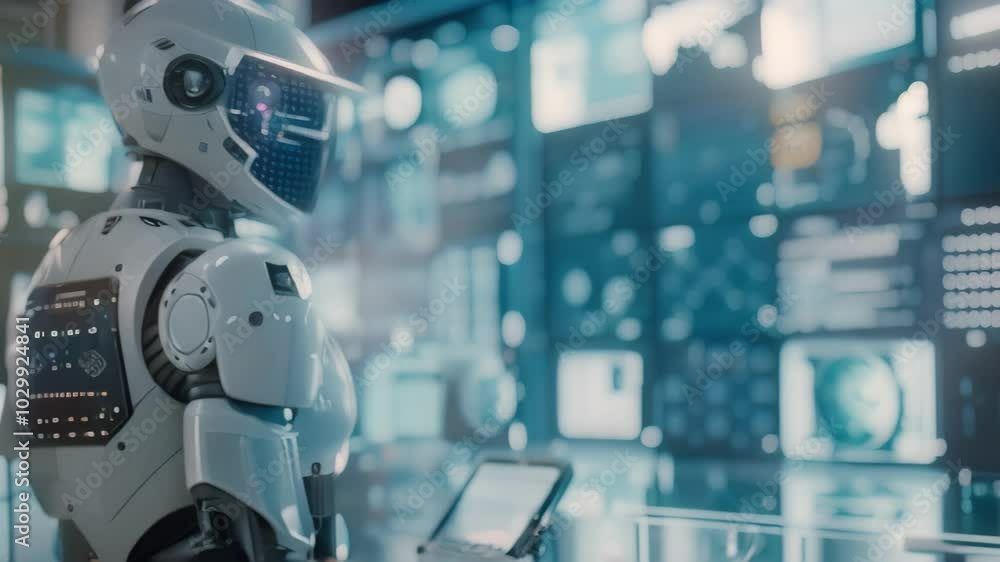 Poster an ai robot stands in front of a wall of screens displaying data, imagine a visualization of artific