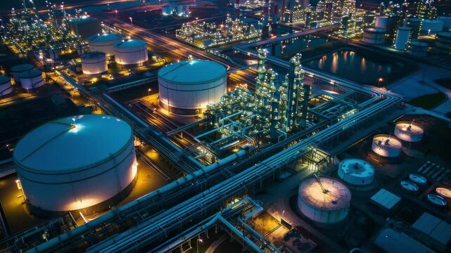 A vast industrial complex with a massive LNG storage tank designed for holding liquified natural gas at low temperatures, showcasing modern energy infrastructure	