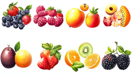  different fruits flying isolated on transparent white background