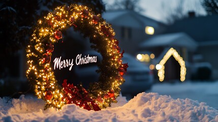 Obraz premium A festive Christmas wreath with bright lights and a 'Merry Christmas' greeting, set against a snowy background depicting a cozy house, evoking holiday cheer and warmth.