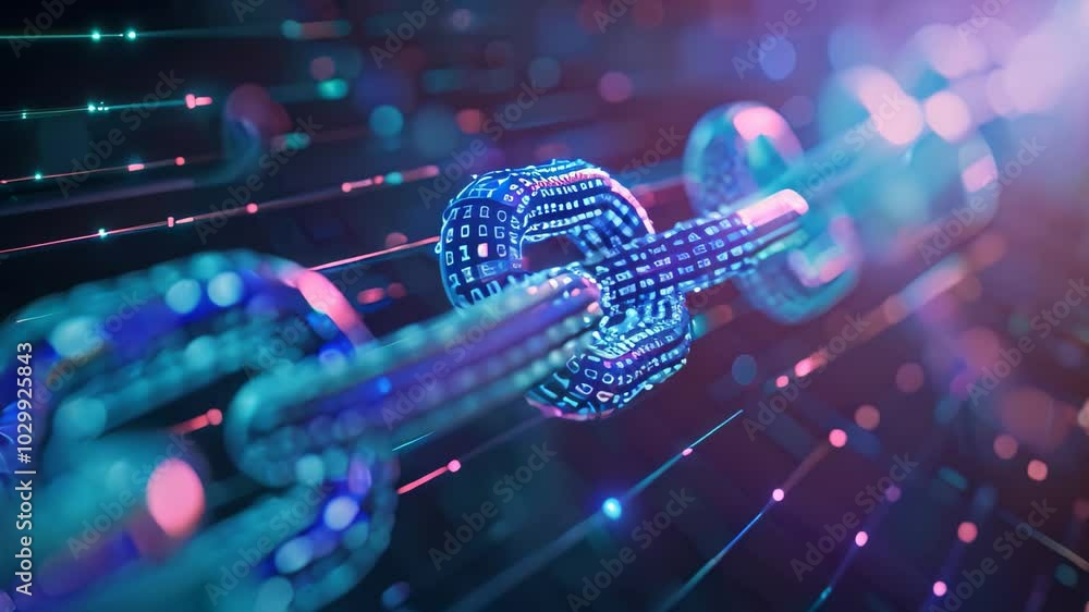 Poster digital chain links representing blockchain technology, imagine the potential applications of blockc