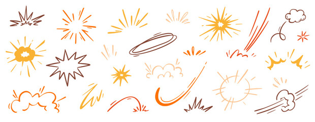 Comic cartoon boom speed effect, explosive motion line element set. Comic boom burst, explosive smoke, line speed cartoon vector icon. Hand drawn sketch doodle action effect. Vector illustration.. © Polina Tomtosova