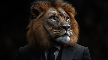 Obraz premium A lion dressed in a sleek, modern suit and tie, exuding confidence in a charismatic fashion portrait.