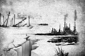 Fototapeta premium Apocalyptic urban landscape with destroyed buildings. Grunge scratch background. Creative illustration 