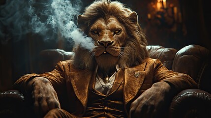 Naklejka premium A lion in a refined suit, smoking a cigarette, portraying a commanding presence and leadership.