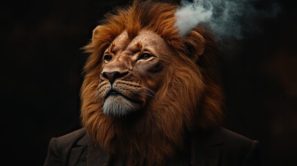 A lion in a refined suit, smoking a cigarette, portraying a commanding presence and leadership.