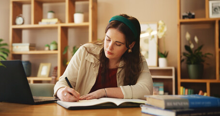 Student, writing and notebook with girl in home office for research, college thesis and online portal. Education, knowledge and elearning with person and laptop for university, school and project