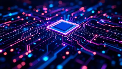 Obraz premium Close-Up of Glowing Blue Computer Chip with Electronic Circuits