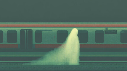 Ghostly figure emitting light on deserted subway platform near stationary train