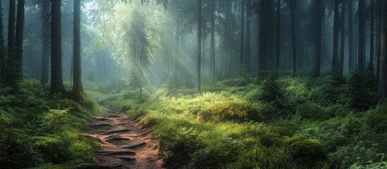 Fototapeta premium A winding path leads through a misty forest, sunlight streaming through the trees.