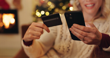 Woman, hands and smartphone with credit card for Christmas shopping, sale and discount. Female...
