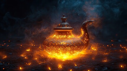 A magical lamp surrounded by swirling smoke, adding an air of mystery.