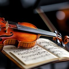 Fototapeta premium An artisanal violin resting near an open book of sheet music, embodying the timeless beauty and creativity of classical musical expression.
