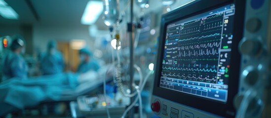closeup of medical equipment and monitors displaying life line waveforms on screen in hospital room.