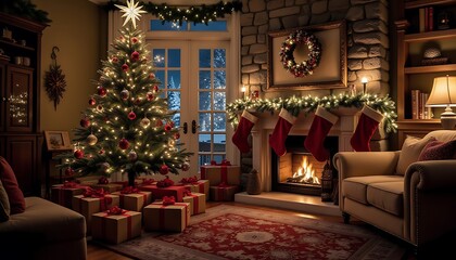 Cozy Christmas Living Room with Tree, Gifts, and Fireplace