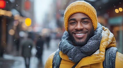 A man is smiling as he navigates through a bustling city street.