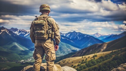 Soldier Standing on Top of a Mountain	
