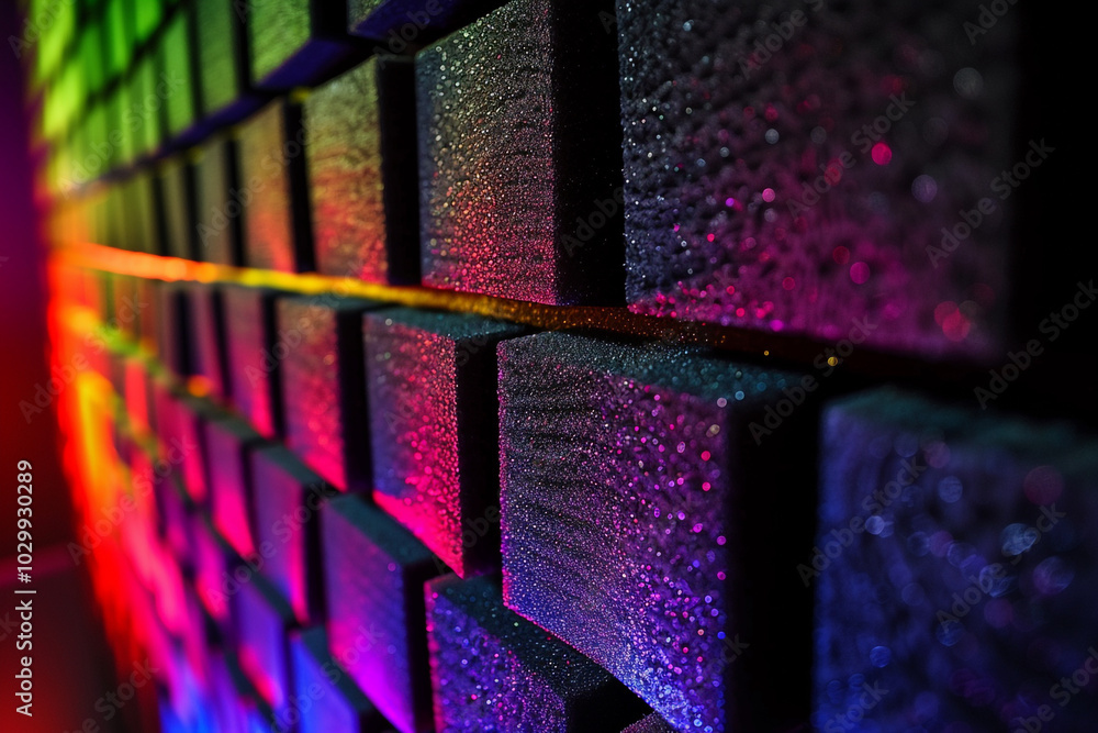 Poster close-up of black acoustical foam walls with vibrant led lights casting colorful shadows creating a 