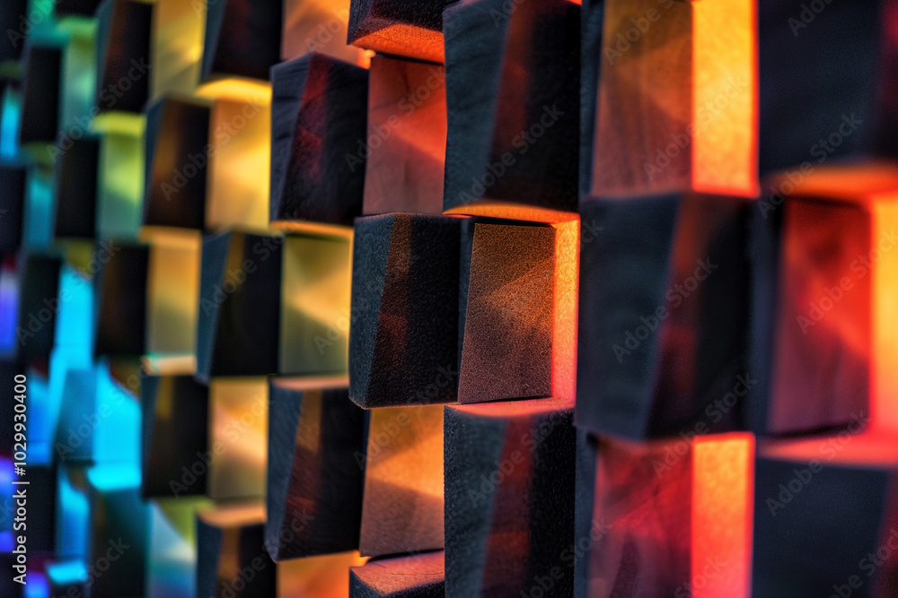 Poster close-up of black acoustical foam walls with vibrant led lights casting colorful shadows creating a 
